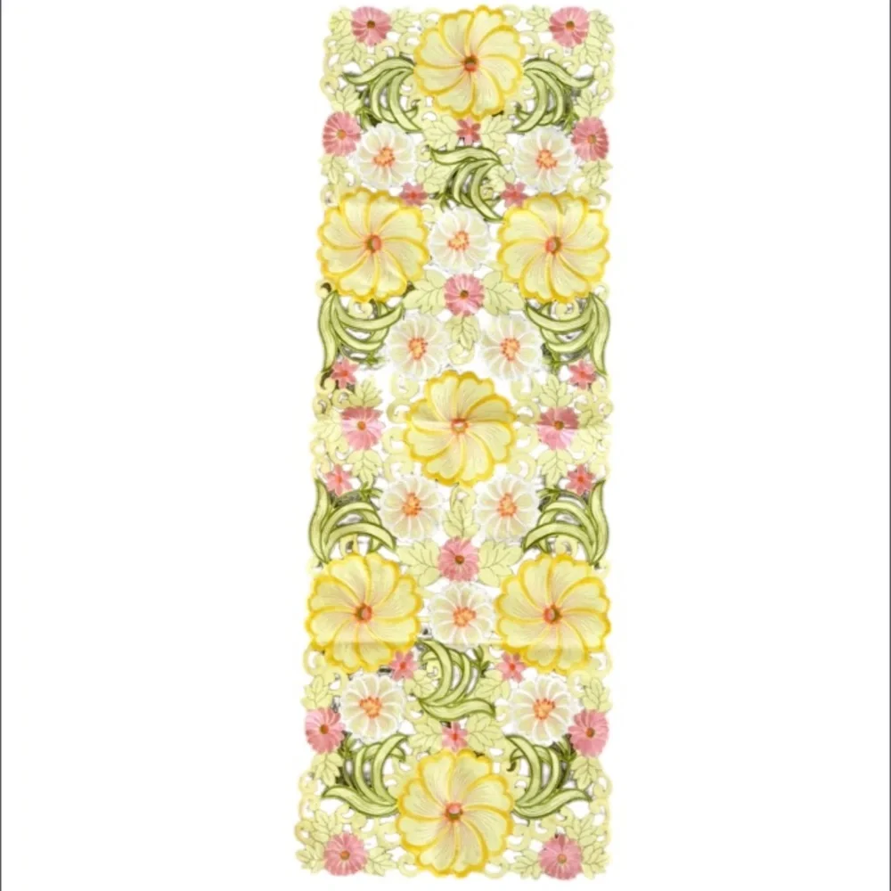 Vintage yellow pink floral embroidered cut out spring Easter table runner 43x15”